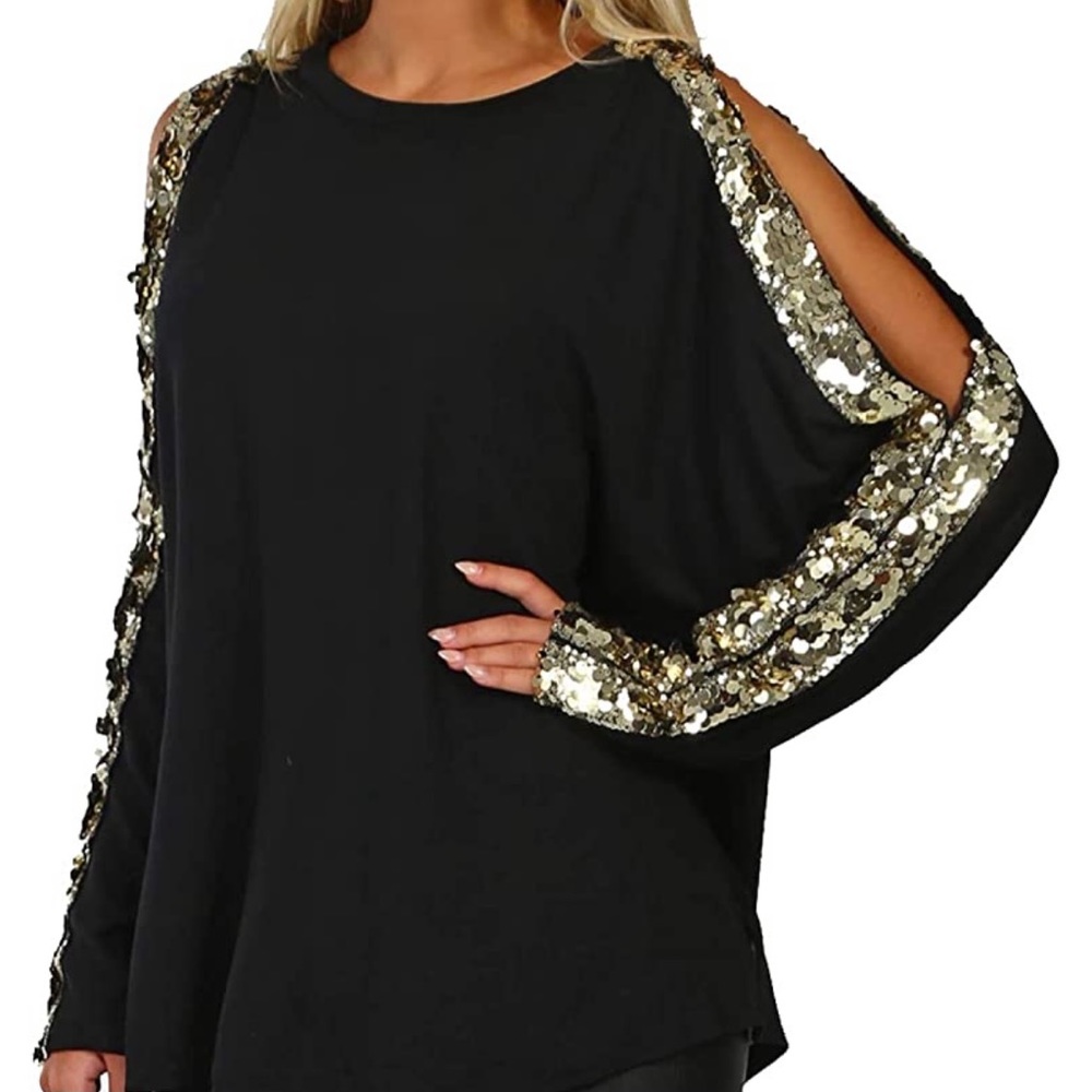 NWT Yoins sequined cold shoulder top black M